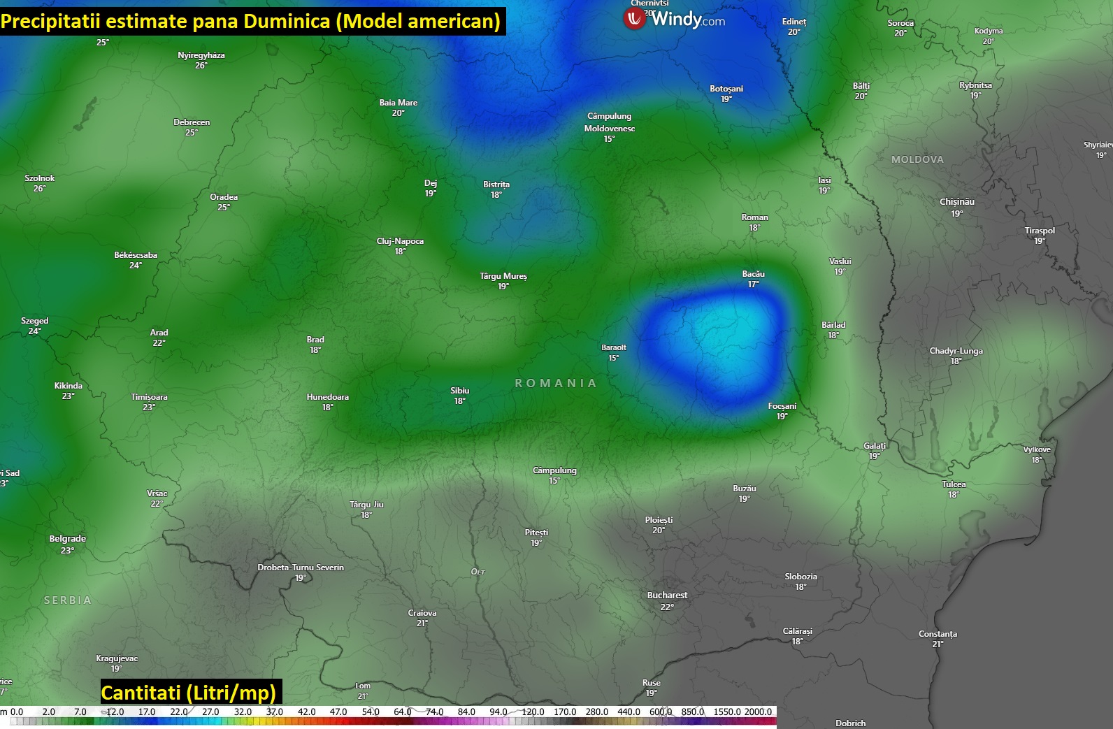 Precipitații estimate până Duminică, 23 August. Model american