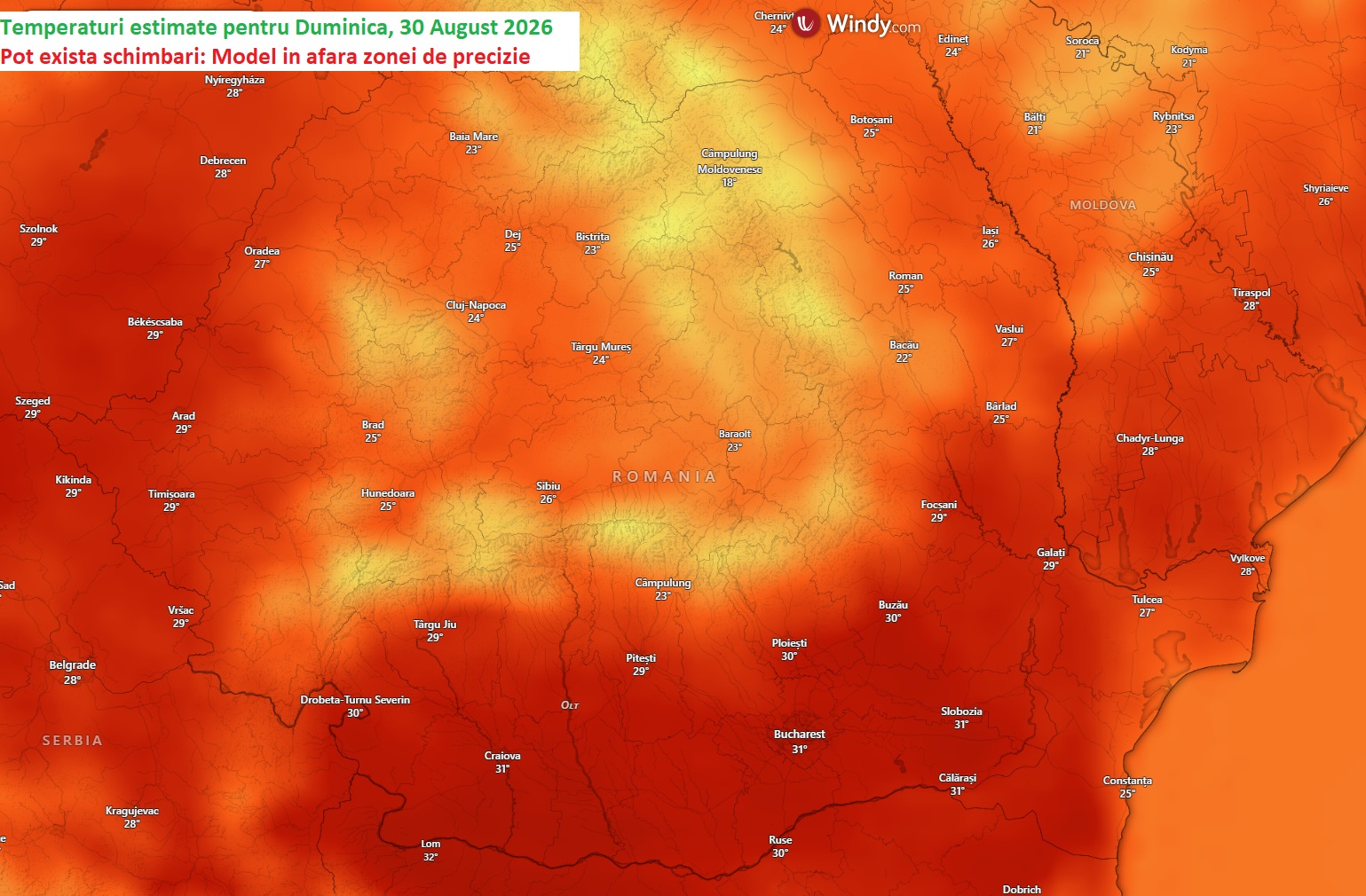 Temperaturi estimate pentru Duminică, 30 August 2026