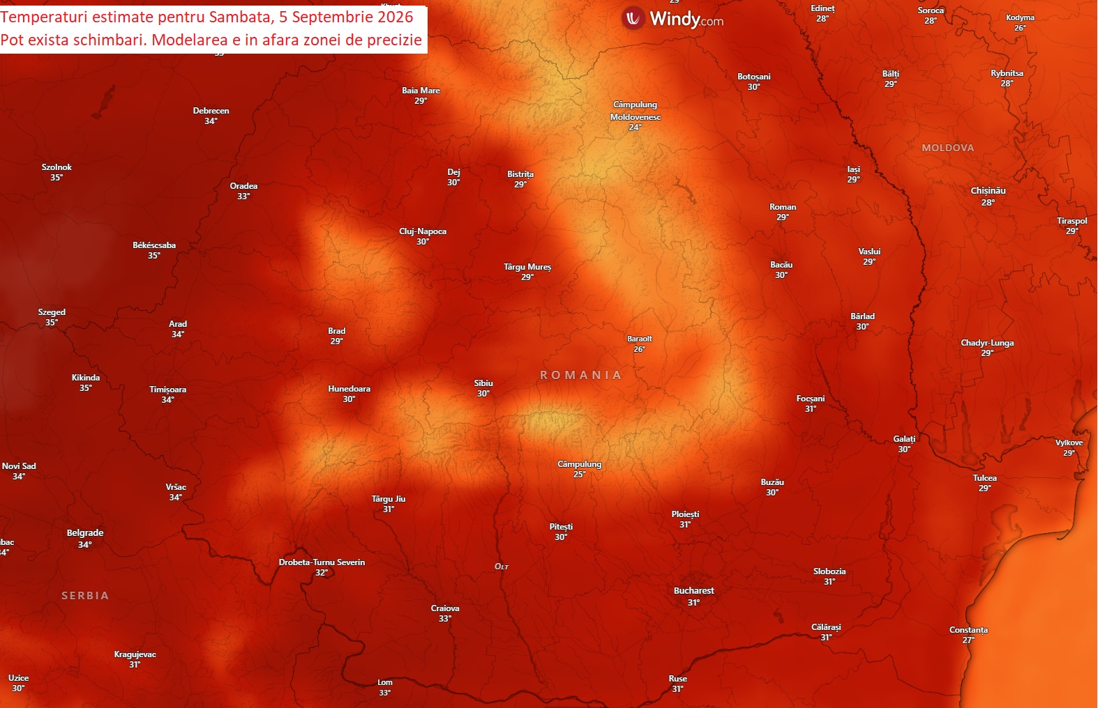Temperaturi estimate pentru sâmbătă, 5 septembrie 2026