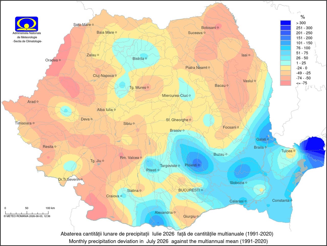 Abaterea cantității lunare de precipitații față de mediile multianuale