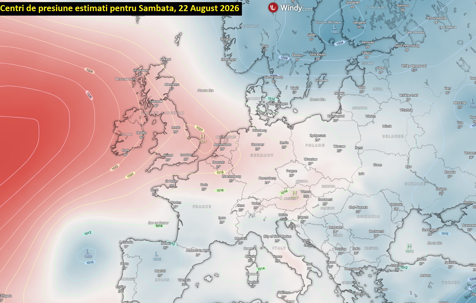 Centri de presiune estimați pentru Sâmbătă, 22 August 2026