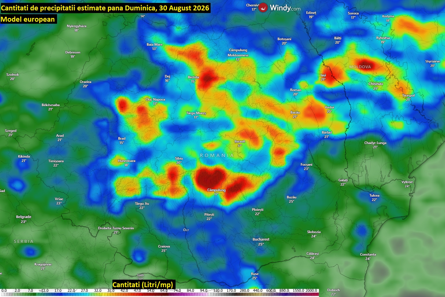Precipitații estimate până Duminică, 30 August 2026. Model european