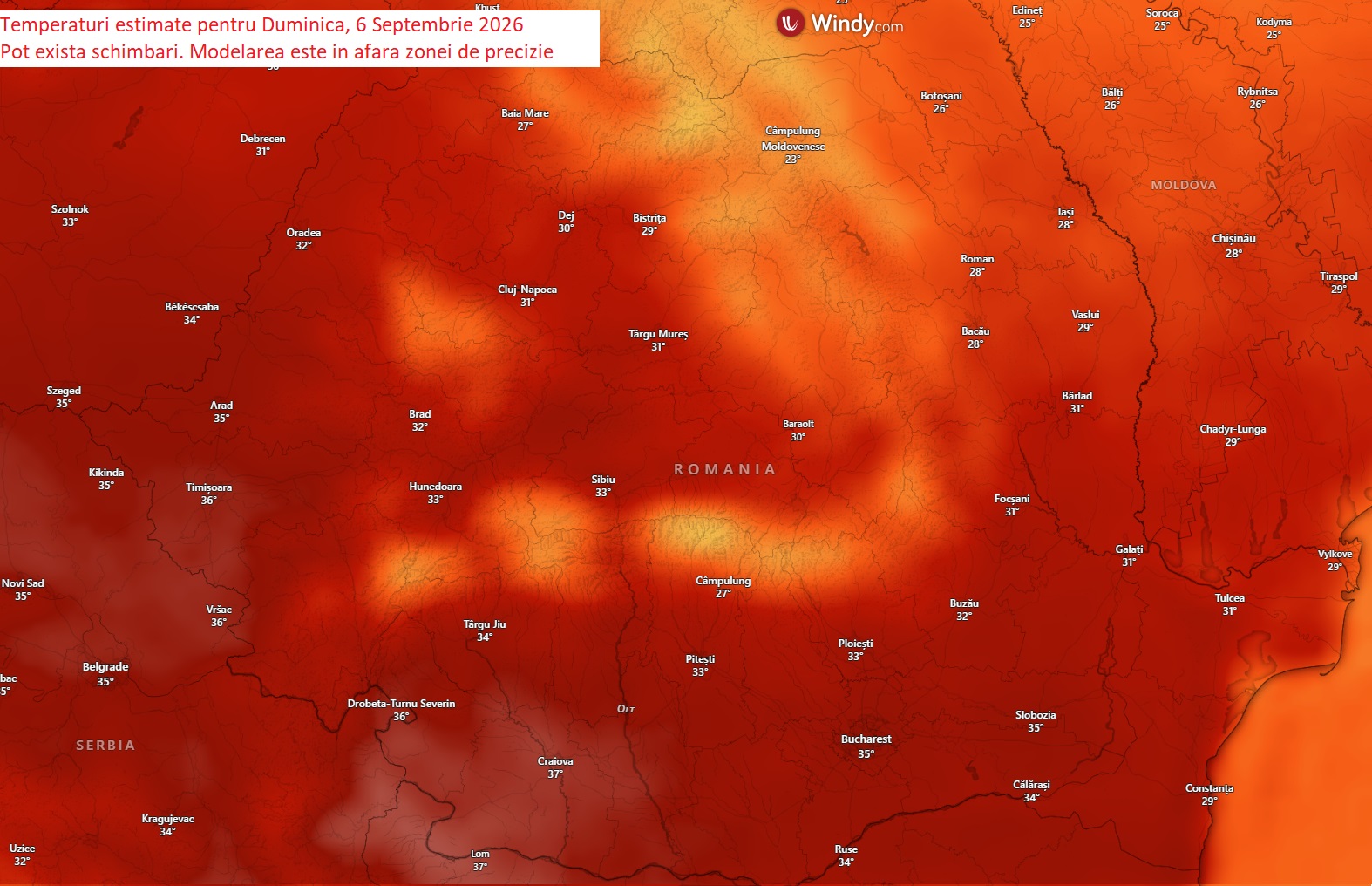 Temperaturi estimate pentru duminică, 6 septembrie 2026