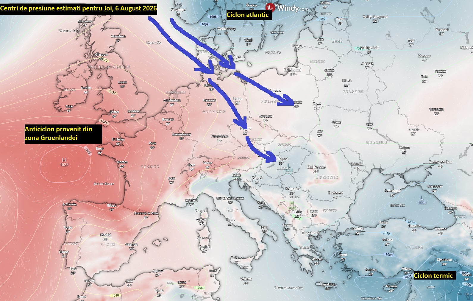 Centri de presiune estimați pentru Joi, 6 August 2026