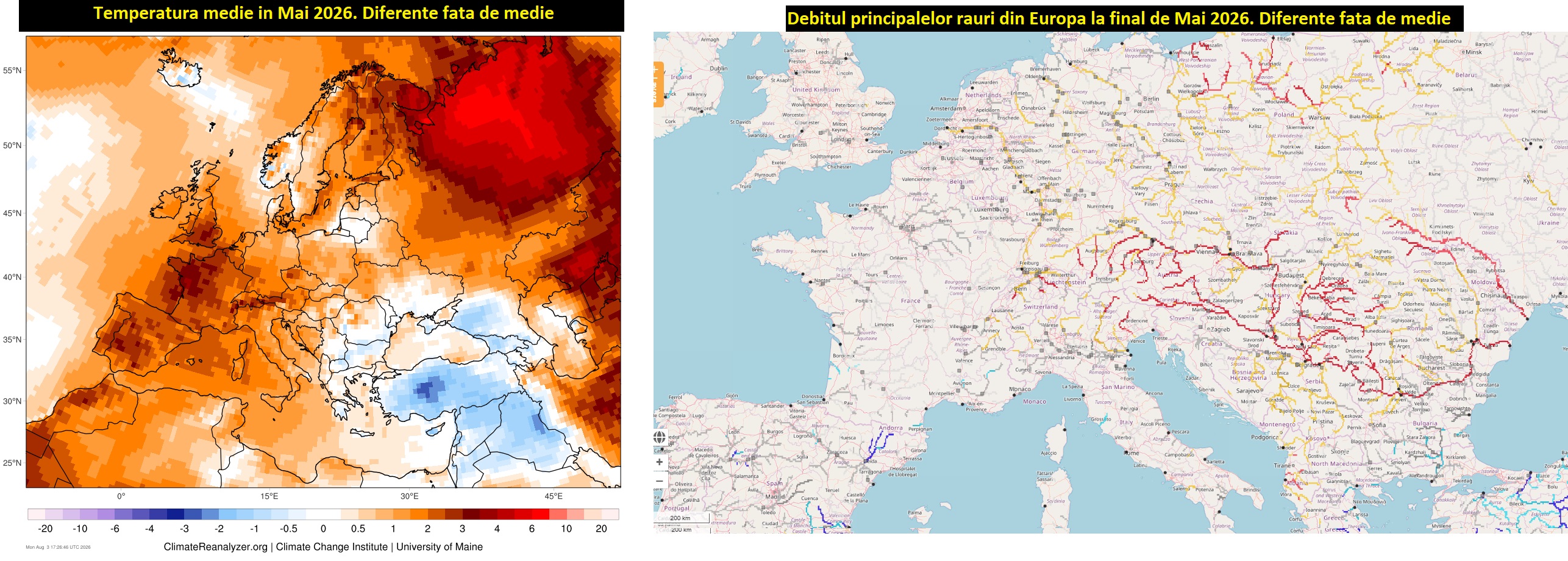 Anomalia de temperatură și debitul râurilor din Europa la final de Mai 2026