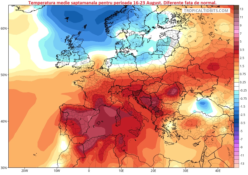 Temperatura medie saptamanala estimata pentru perioada 16-23 August 2026. Diferente fata de normal