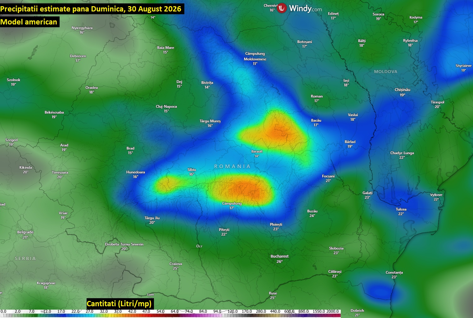 Cantități de precipitații estimate până Duminică, 30 August 2026