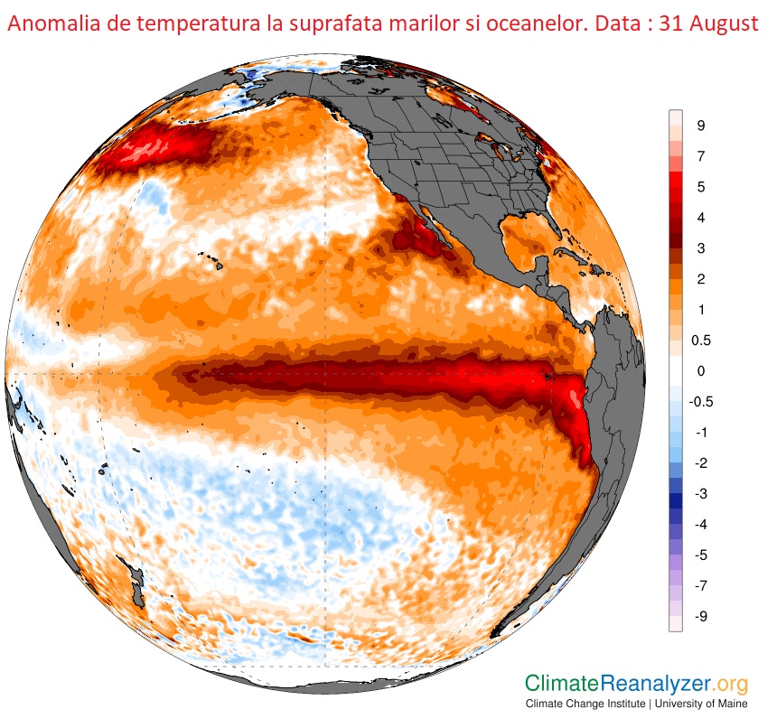 Temperatura la suprafata marilor si oceanelor in data de 31 August 2026