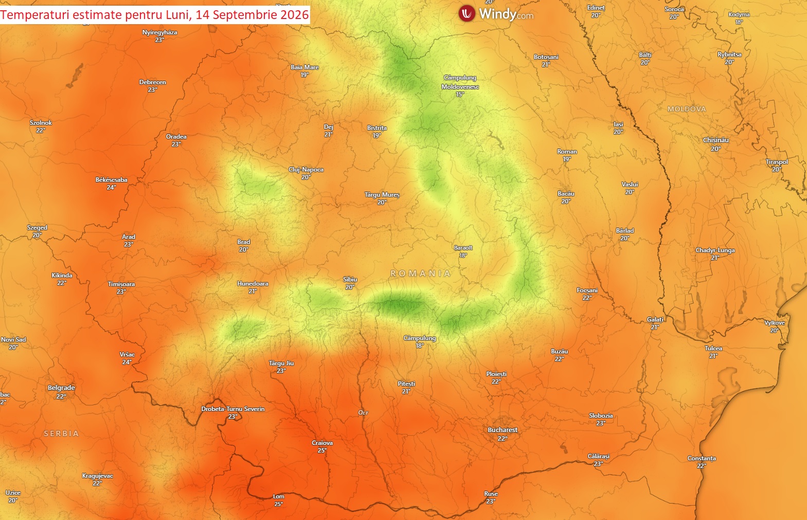 Temperaturi estimate pentru Luni, 14 Septembrie 2026