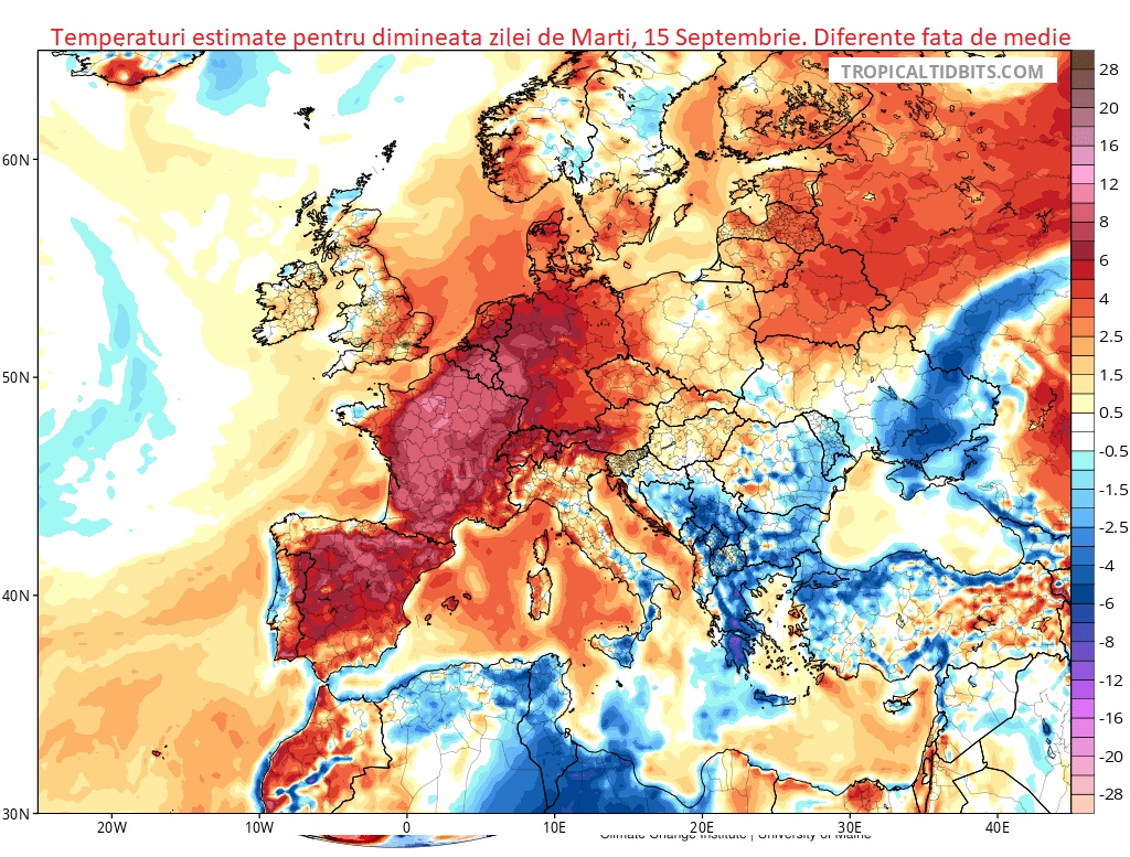 Temperaturi estimate pentru Marti, 15 Septembrie 2026. Diferente fata de medie