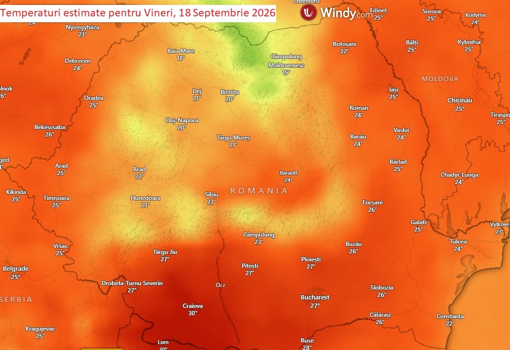 Temperaturi estimate pentru Vineri, 18 Septembrie 2026