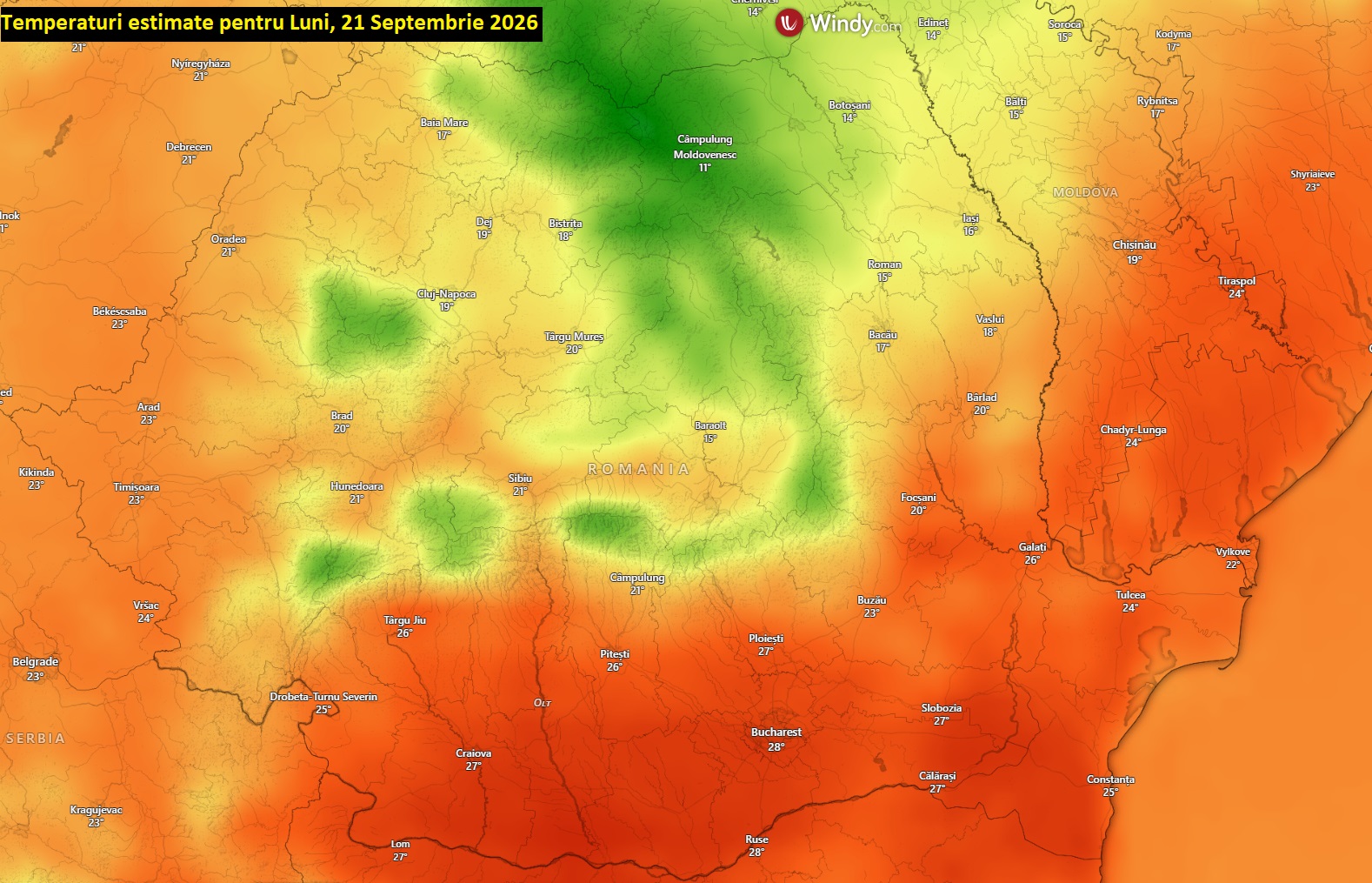 Temperaturi estimate pentru Luni, 21 Septembrie 2026