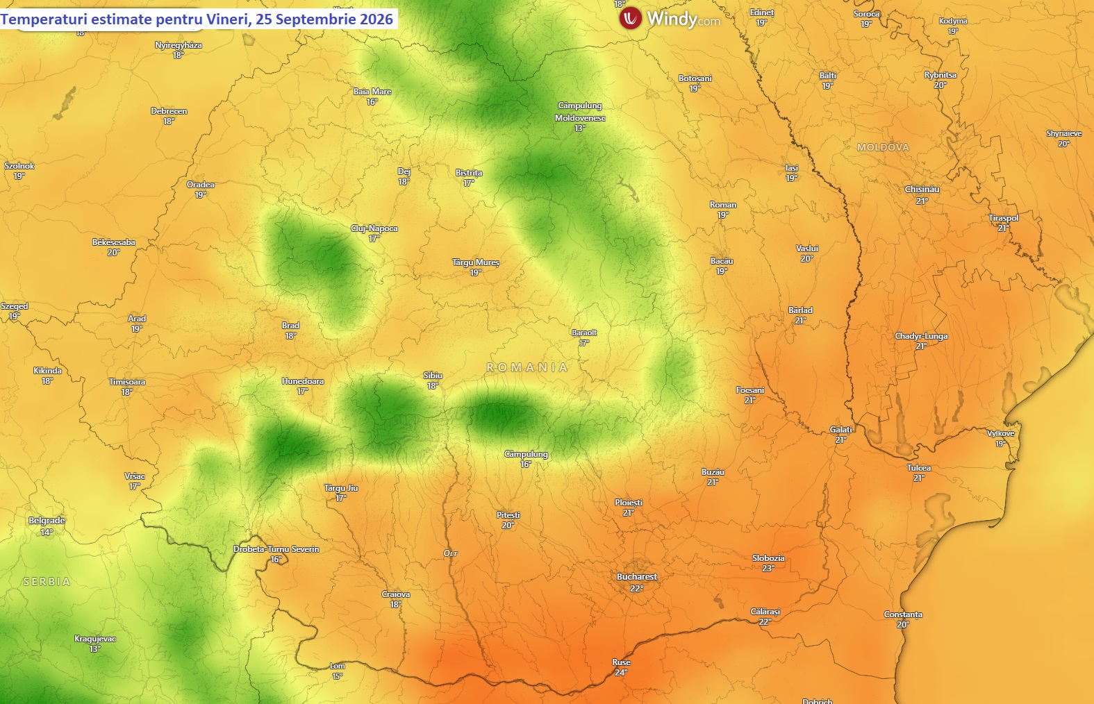 Temperaturi estimate pentru Vineri, 25 Septembrie 2026