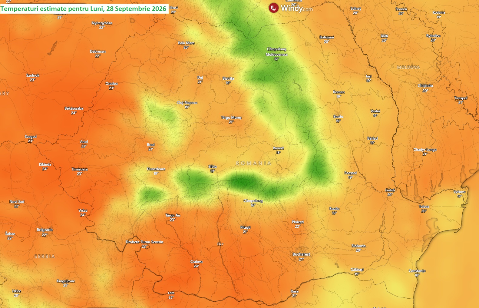 Temperaturi estimate pentru Luni, 28 septembrie 2026