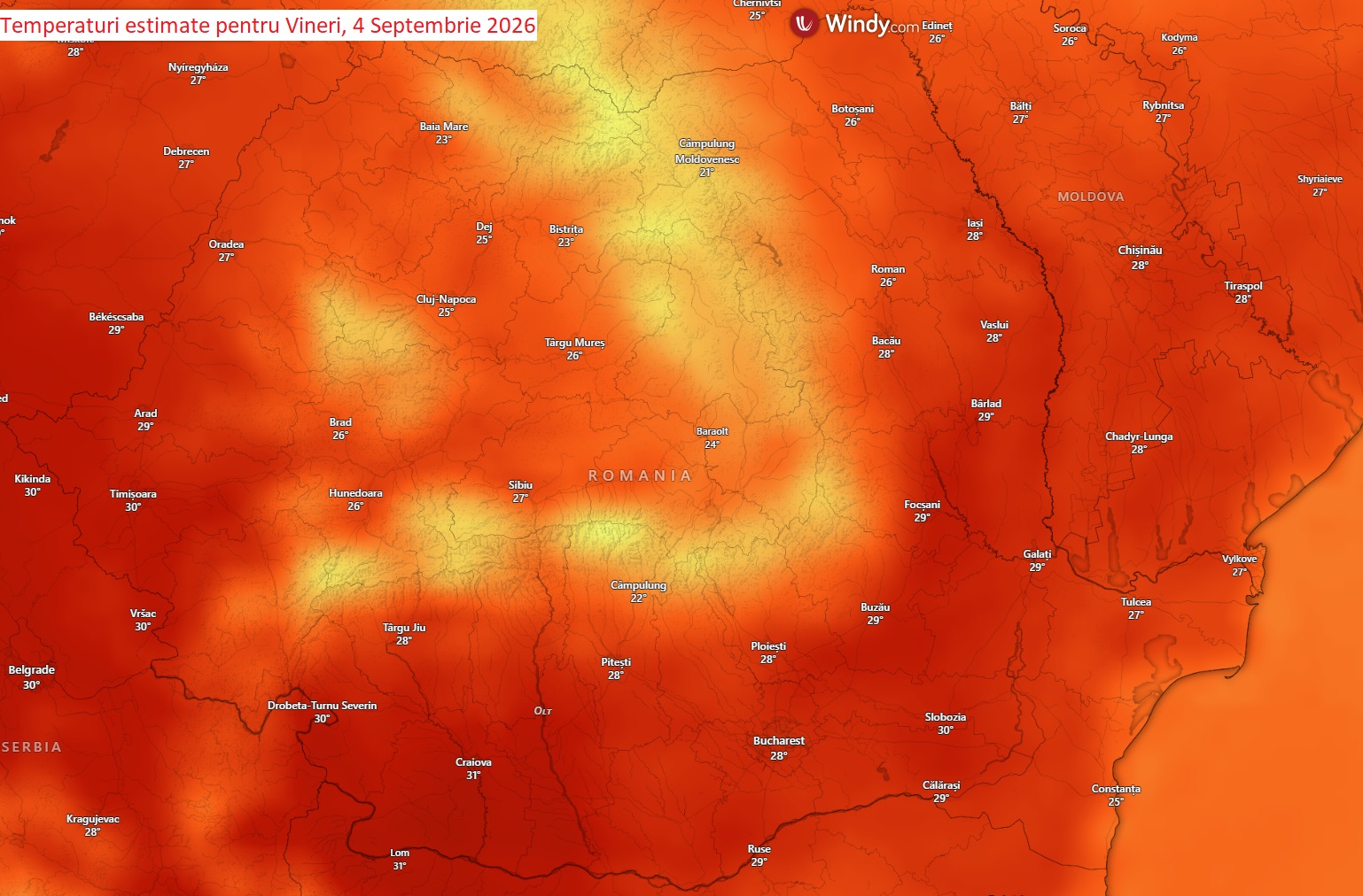 Temperaturi estimate pentru Vineri, 4 Septembrie 2026