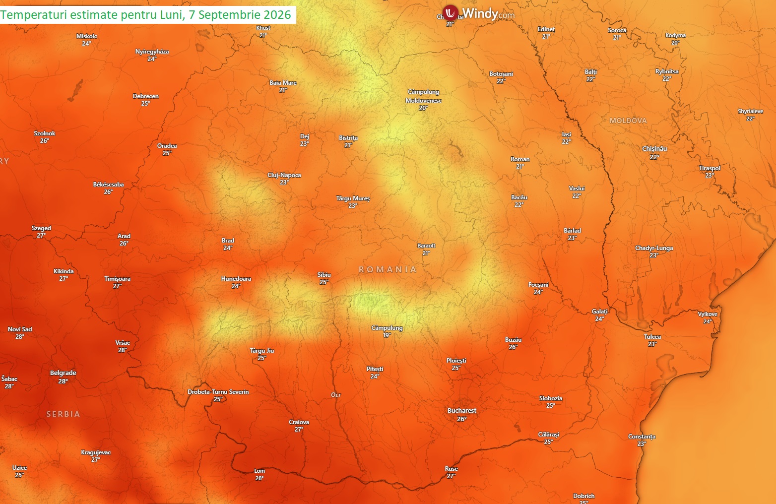 Temperaturi estimate pentru Luni, 7 Septembrie 2026