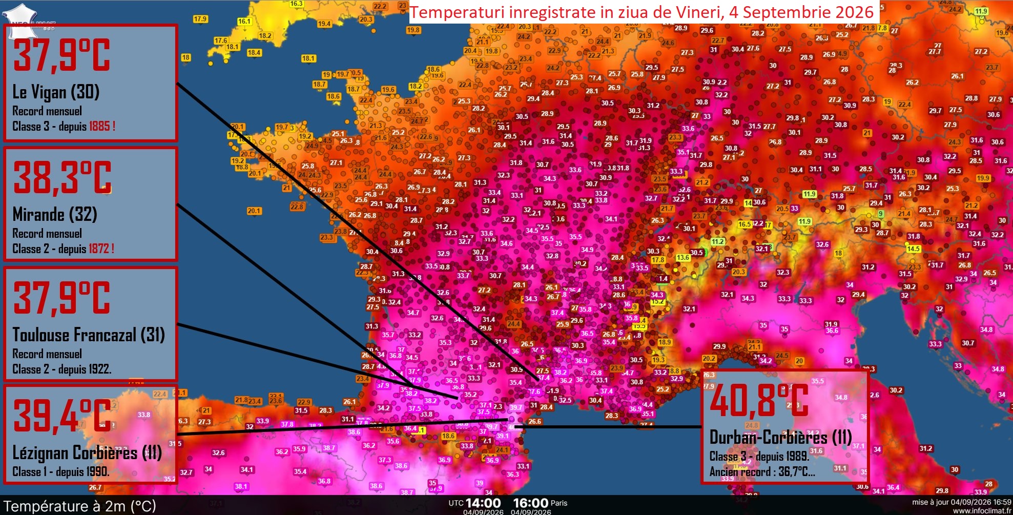 Temperaturi inregistrate in vestul Europei, Vineri, 4 Septembrie 2026
