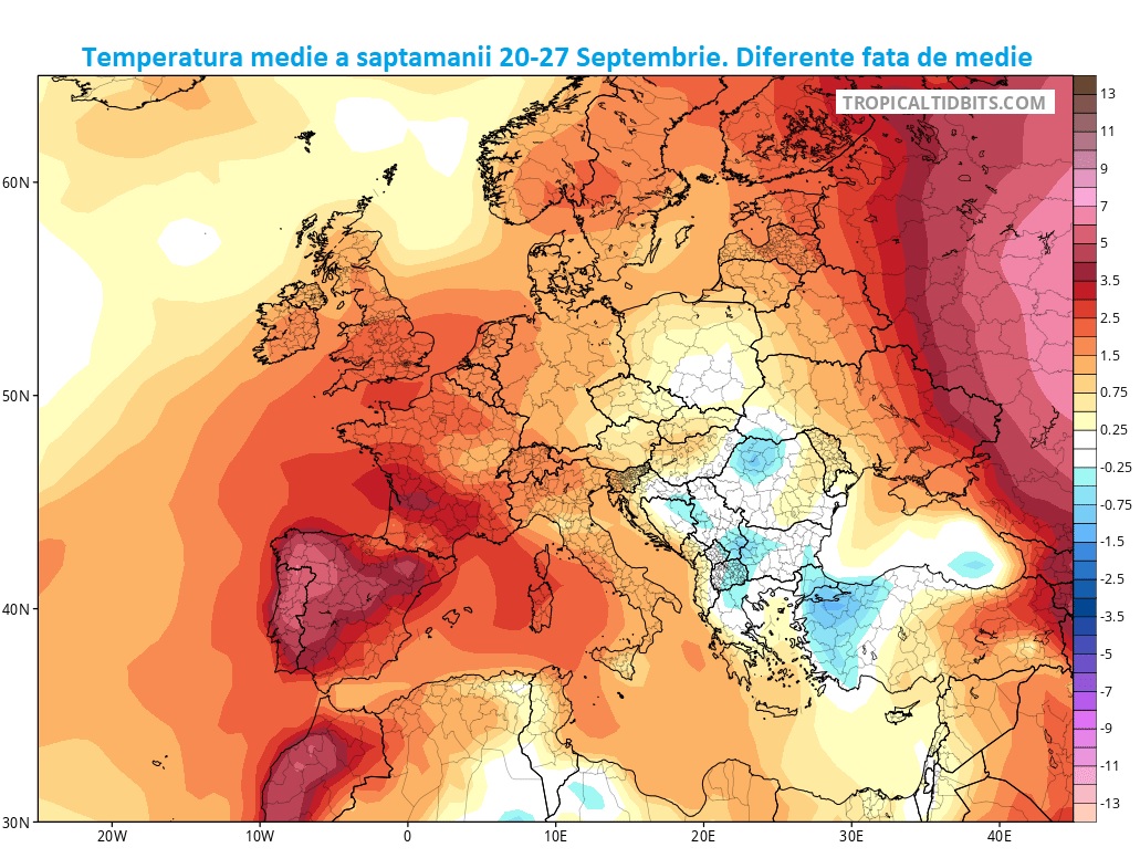 Temperatura medie a saptamanii 20-27 Septembrie. Diferente fata de medie