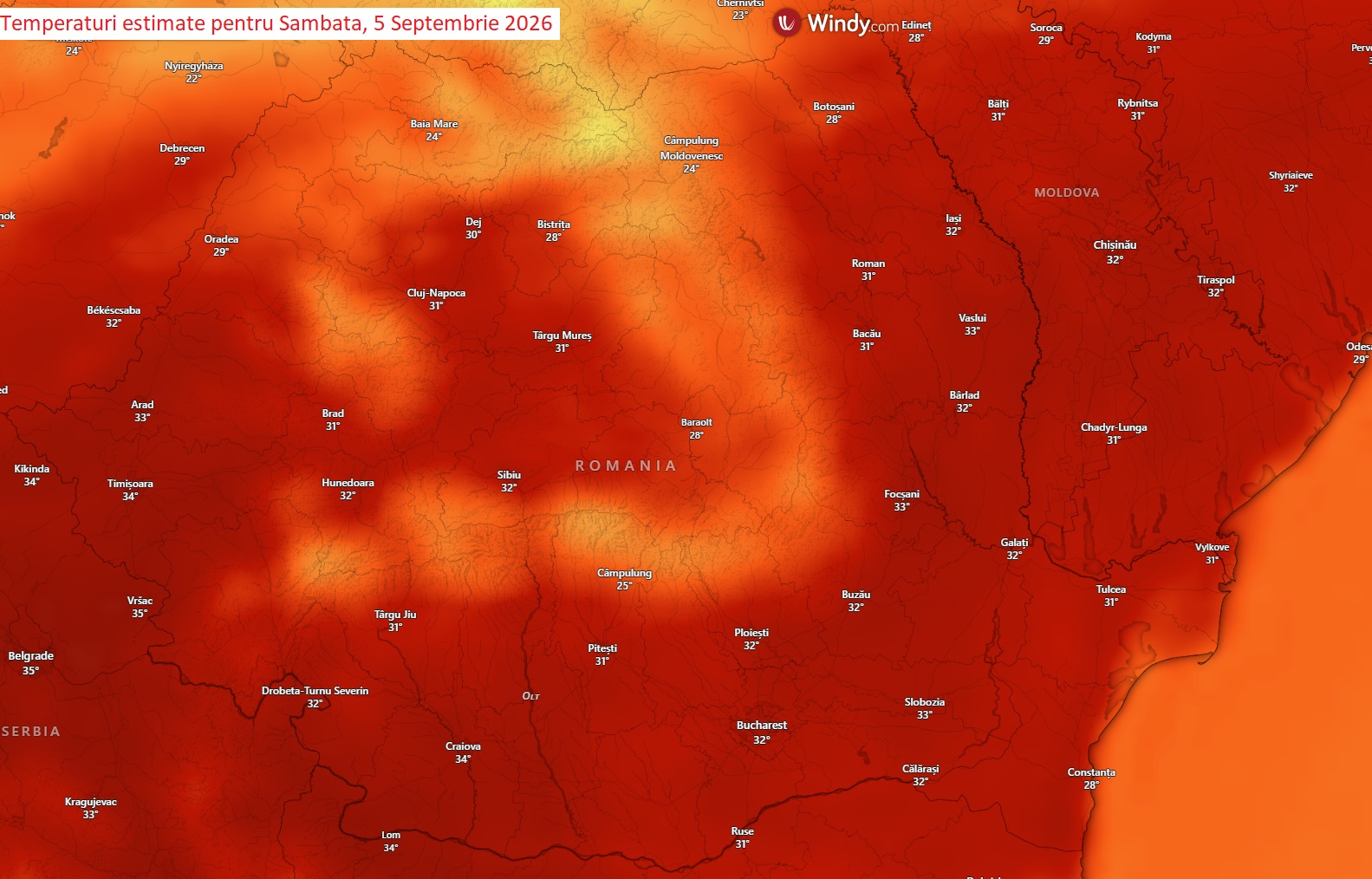 Temperaturi estimate pentru Sâmbătă, 5 Septembrie 2026