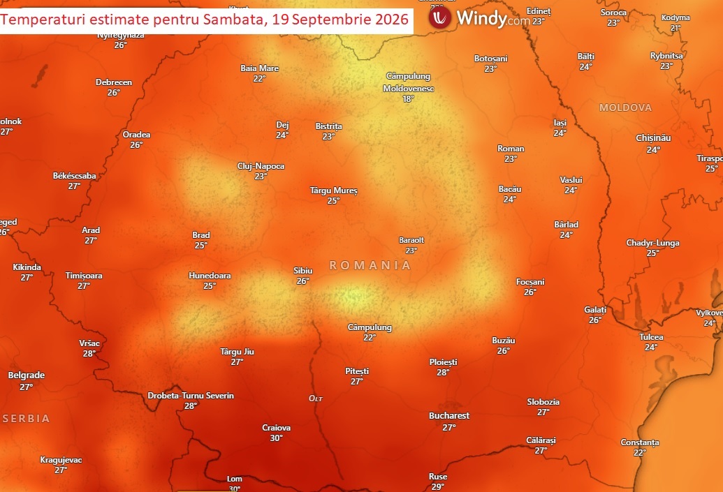 Temperaturi estimate pentru Sâmbătă, 19 Septembrie 2026