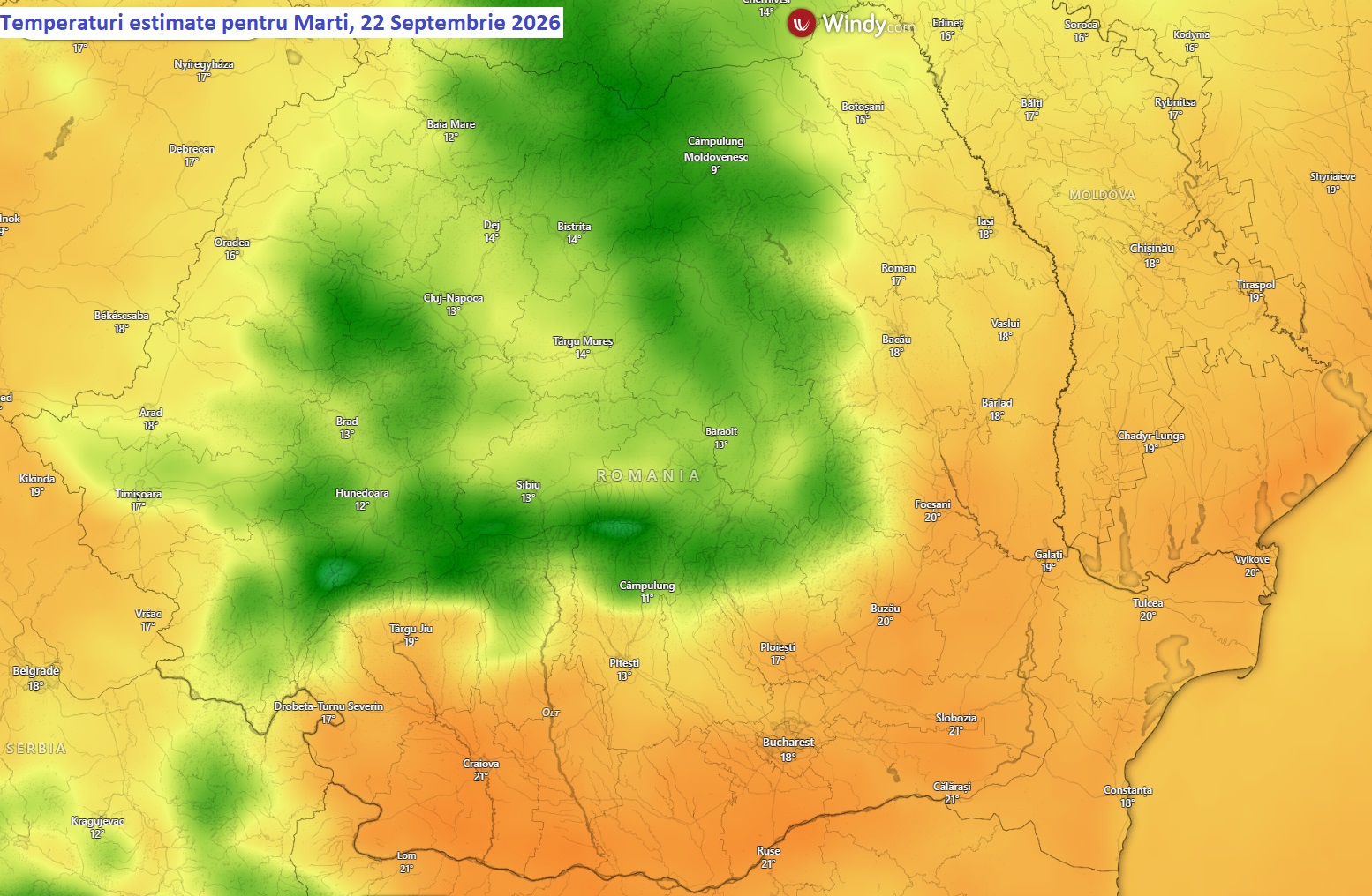 Temperaturi estimate pentru Marți, 22 Septembrie 2026