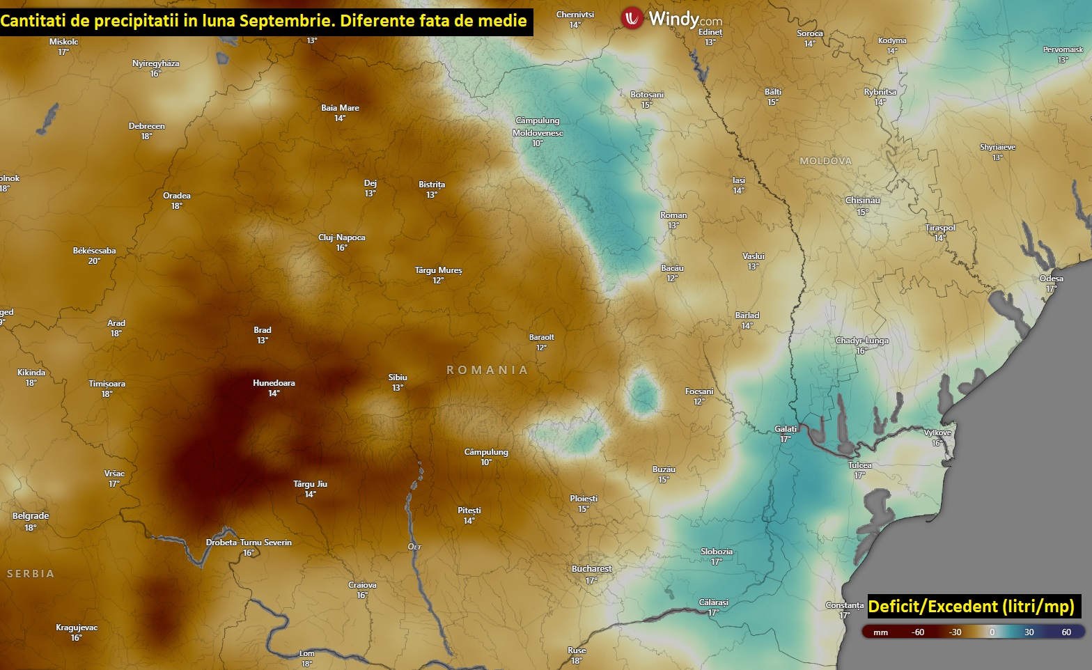 Situatia precipitatiilor din luna Septembrie 2026. Diferente fata de medie.