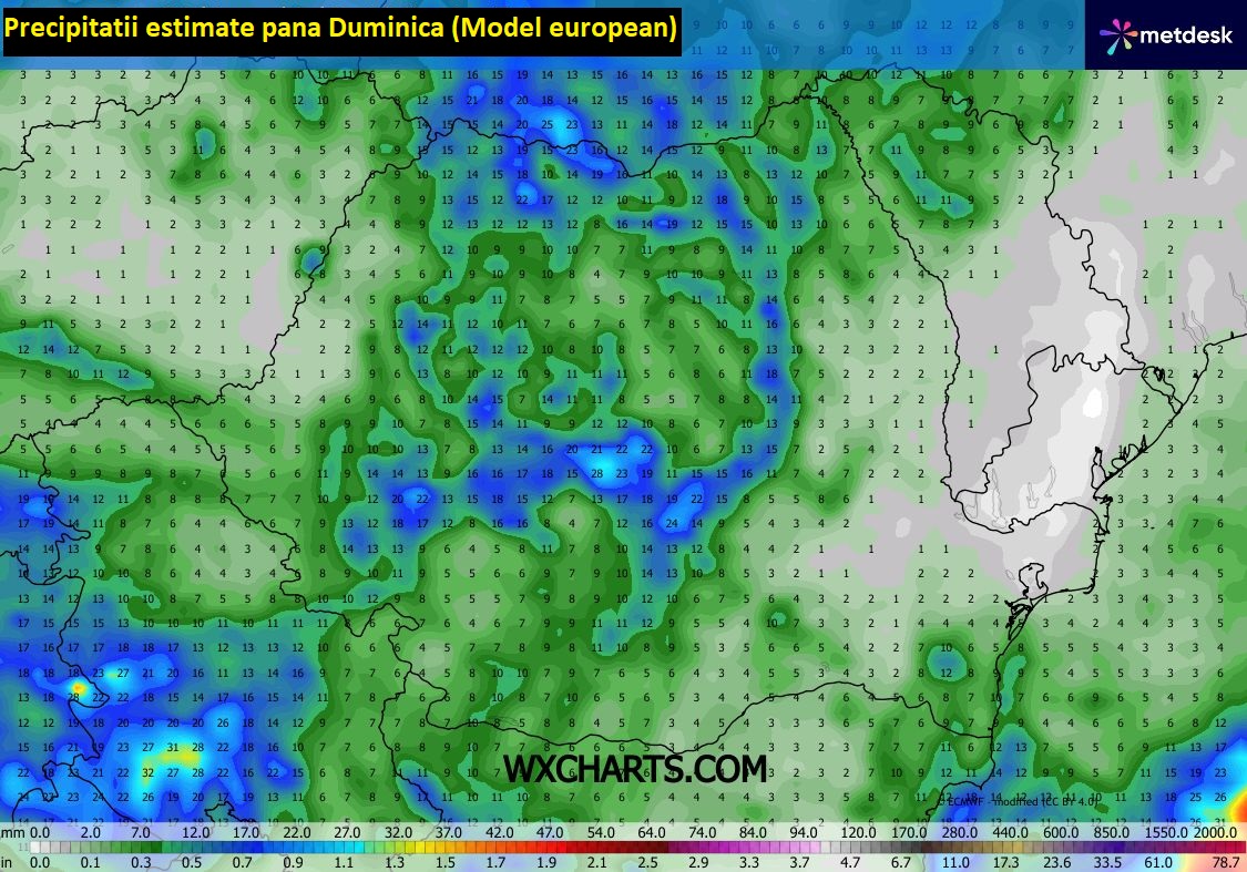 Precipitatii estimate pana Duminica, 27 Septembrie 2026. Model european