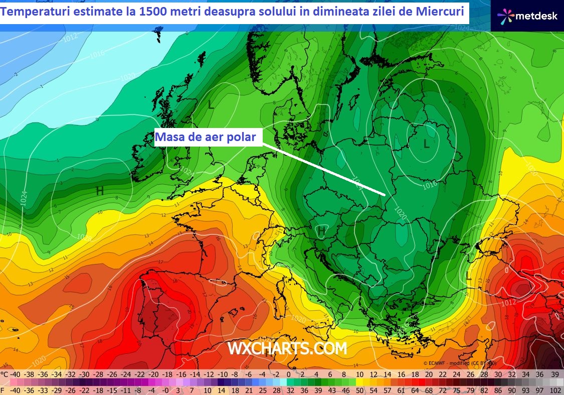 Temperaturi estimate la 1500 metri deasupra solului in dimineata zilei de Miercuri