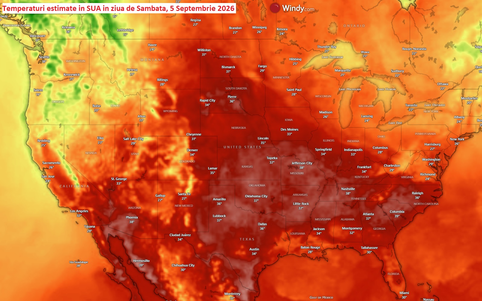 Temperaturi estimate in SUA in data de Sambata, 5 Septembrie 2026