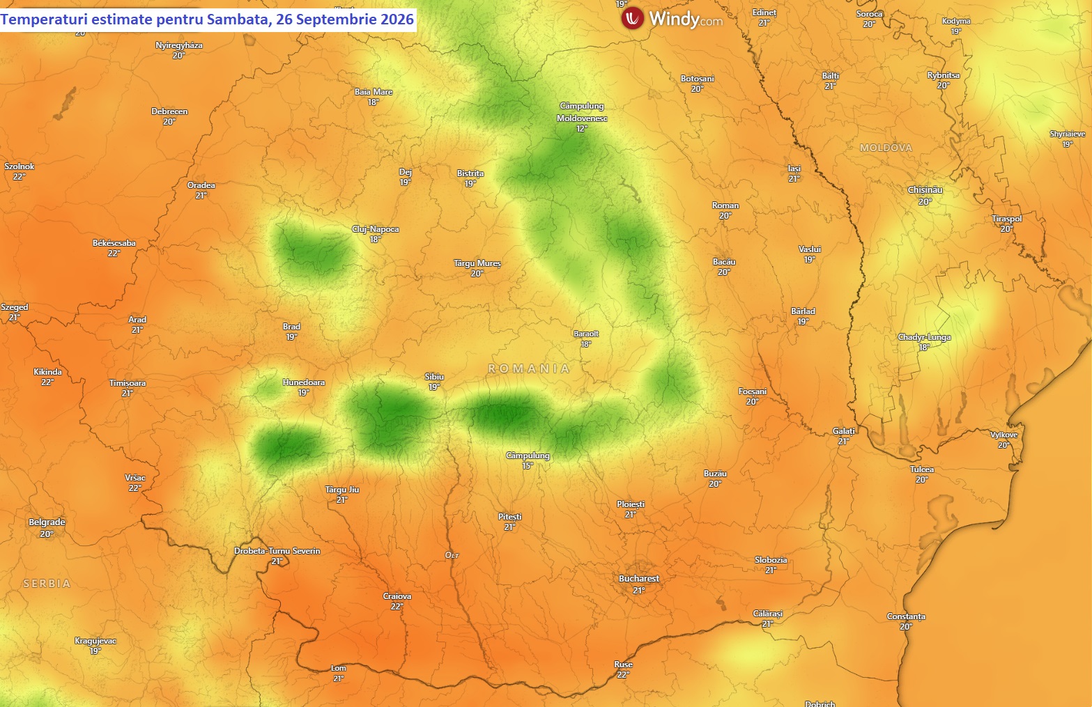 Temperaturi estimate pentru Sâmbătă, 26 Septembrie 2026