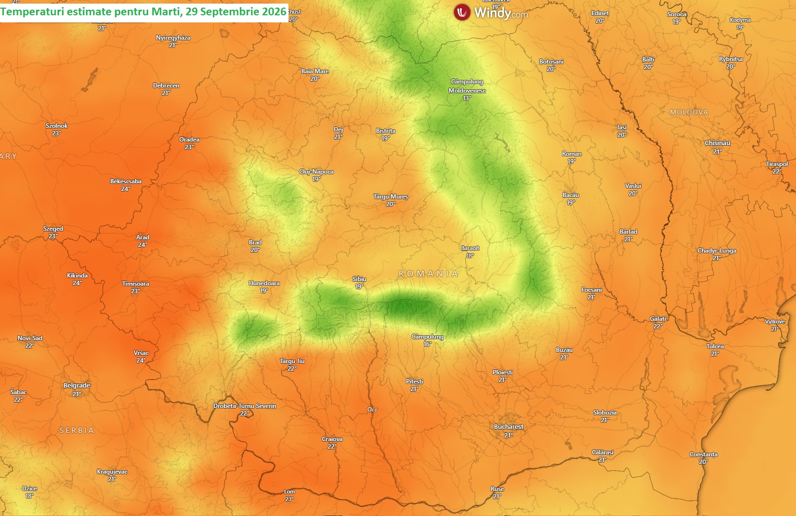Temperaturi estimate pentru Marți, 29 septembrie 2026