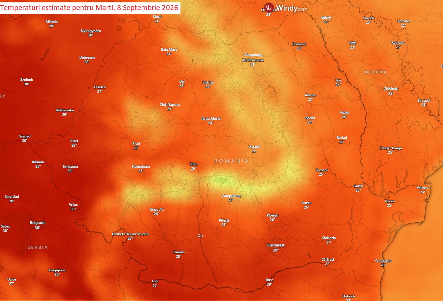 Temperaturi estimate pentru Marți, 8 Septembrie 2026