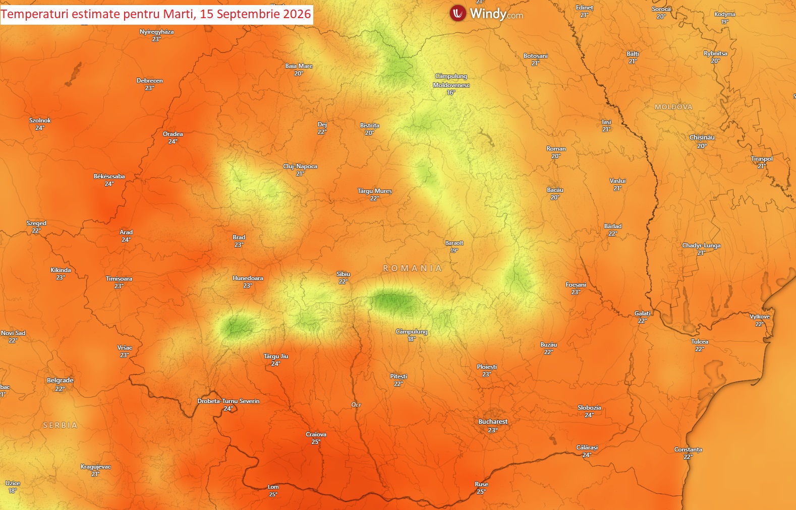 Temperaturi estimate pentru Marți, 15 Septembrie 2026