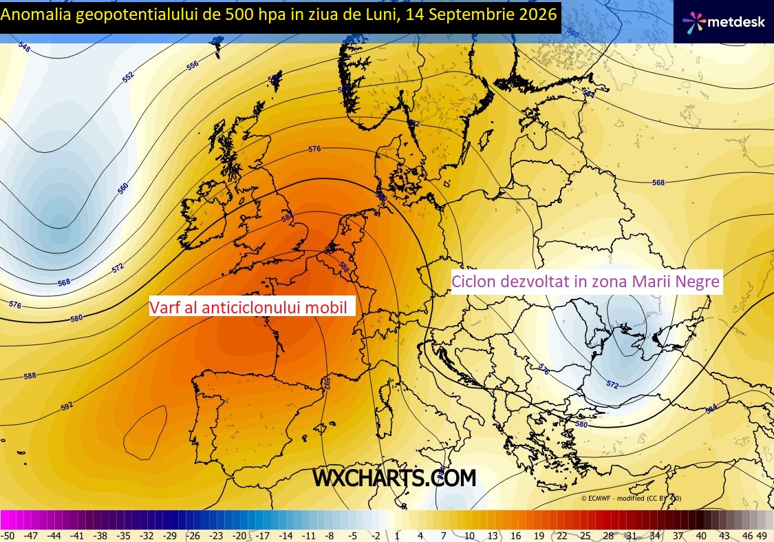 Anomalia de geopotențial din zona de 500 hPa în data de luni, 14 septembrie 2026