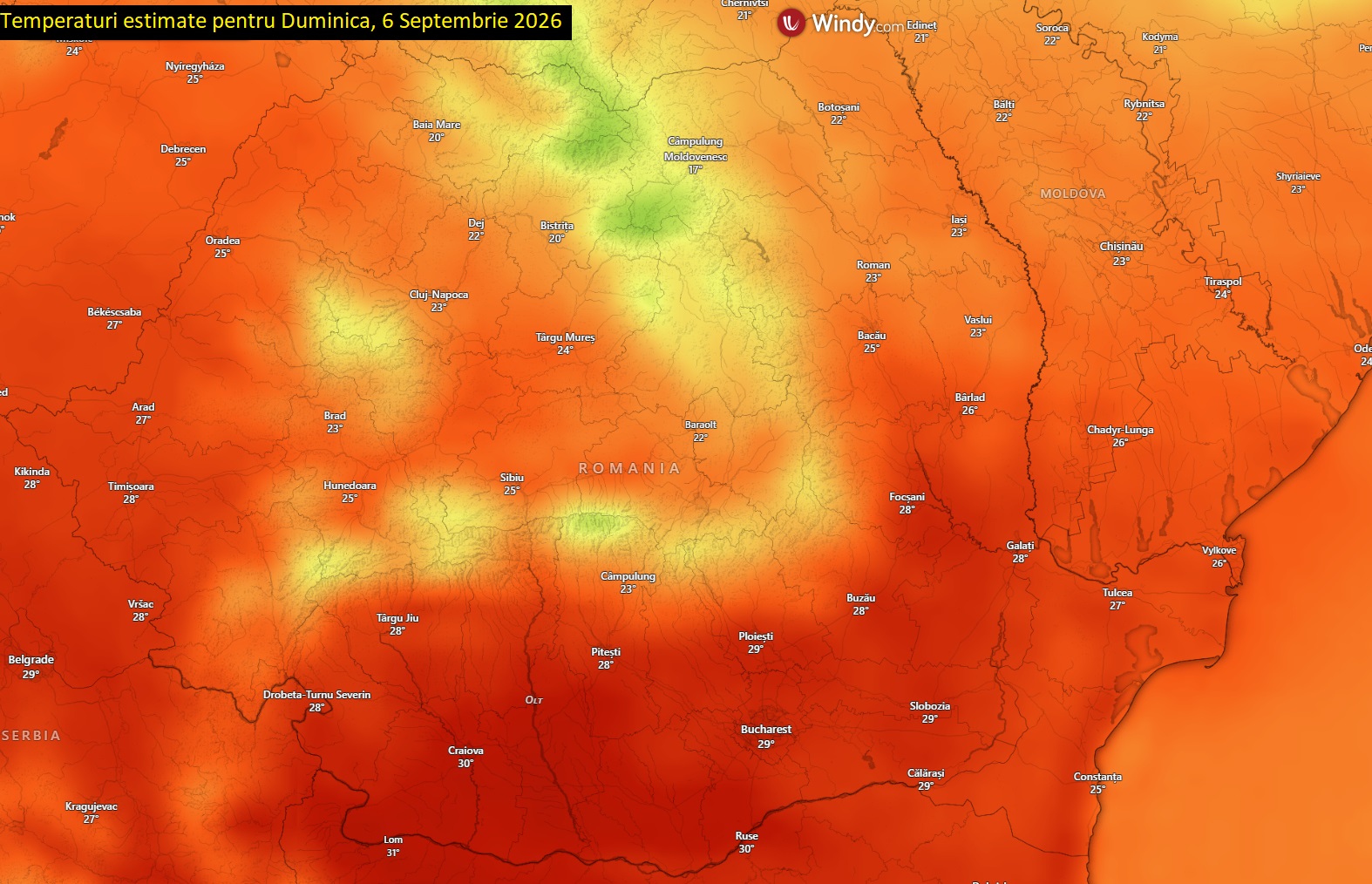 Temperaturi estimate pentru Duminică, 6 Septembrie 2026