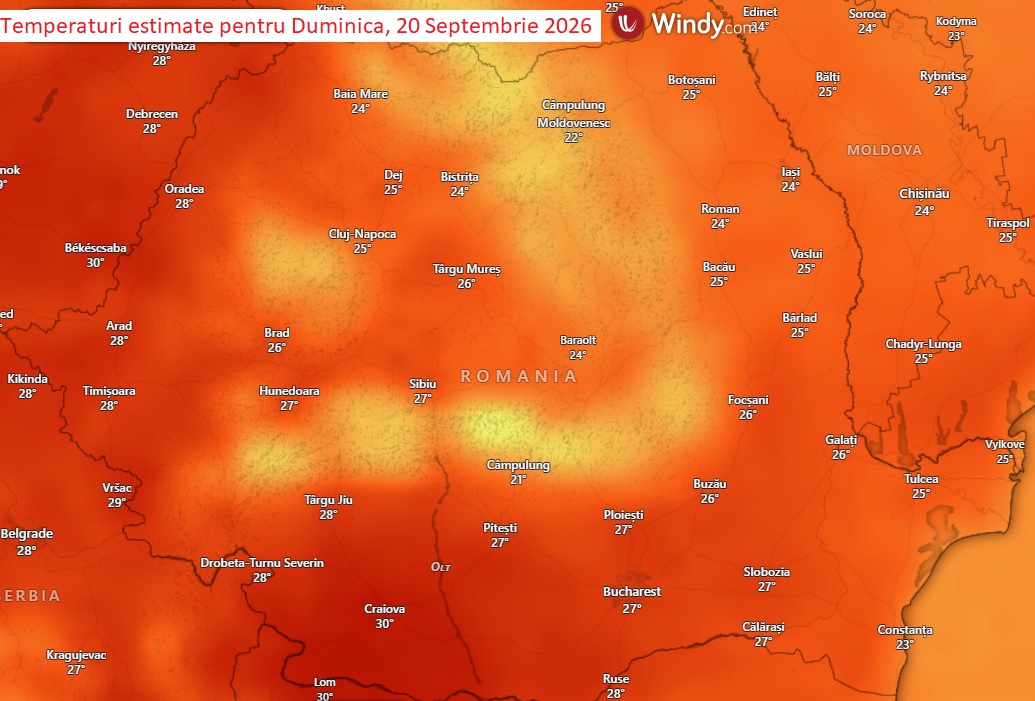 Temperaturi estimate pentru Duminică, 20 Septembrie 2026