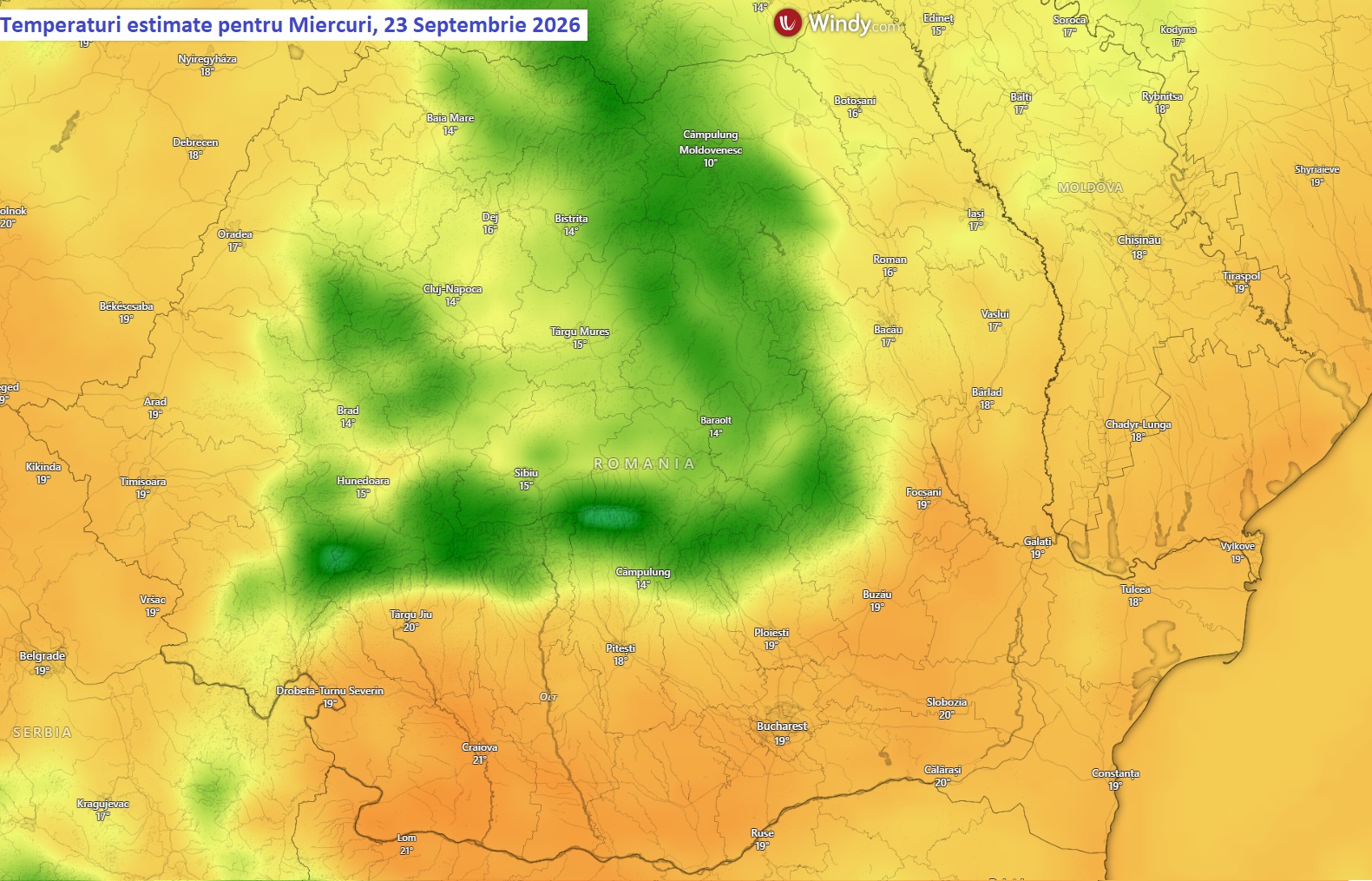 Temperaturi estimate pentru Miercuri, 23 Septembrie 2026