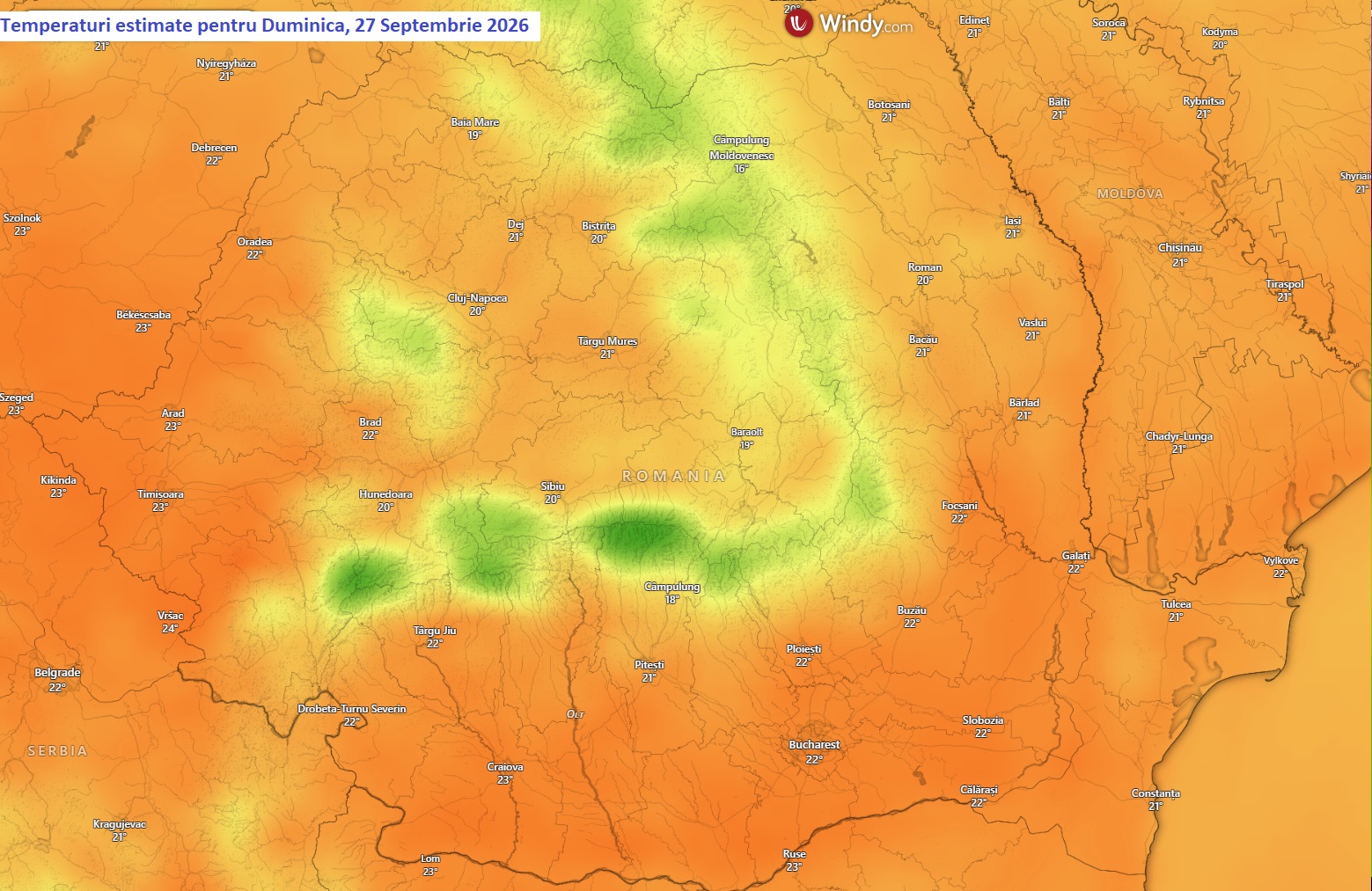 Temperaturi estimate pentru Duminică, 27 Septembrie 2026