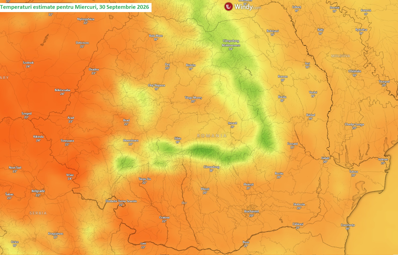 Temperaturi estimate pentru Miercuri, 30 septembrie 2026