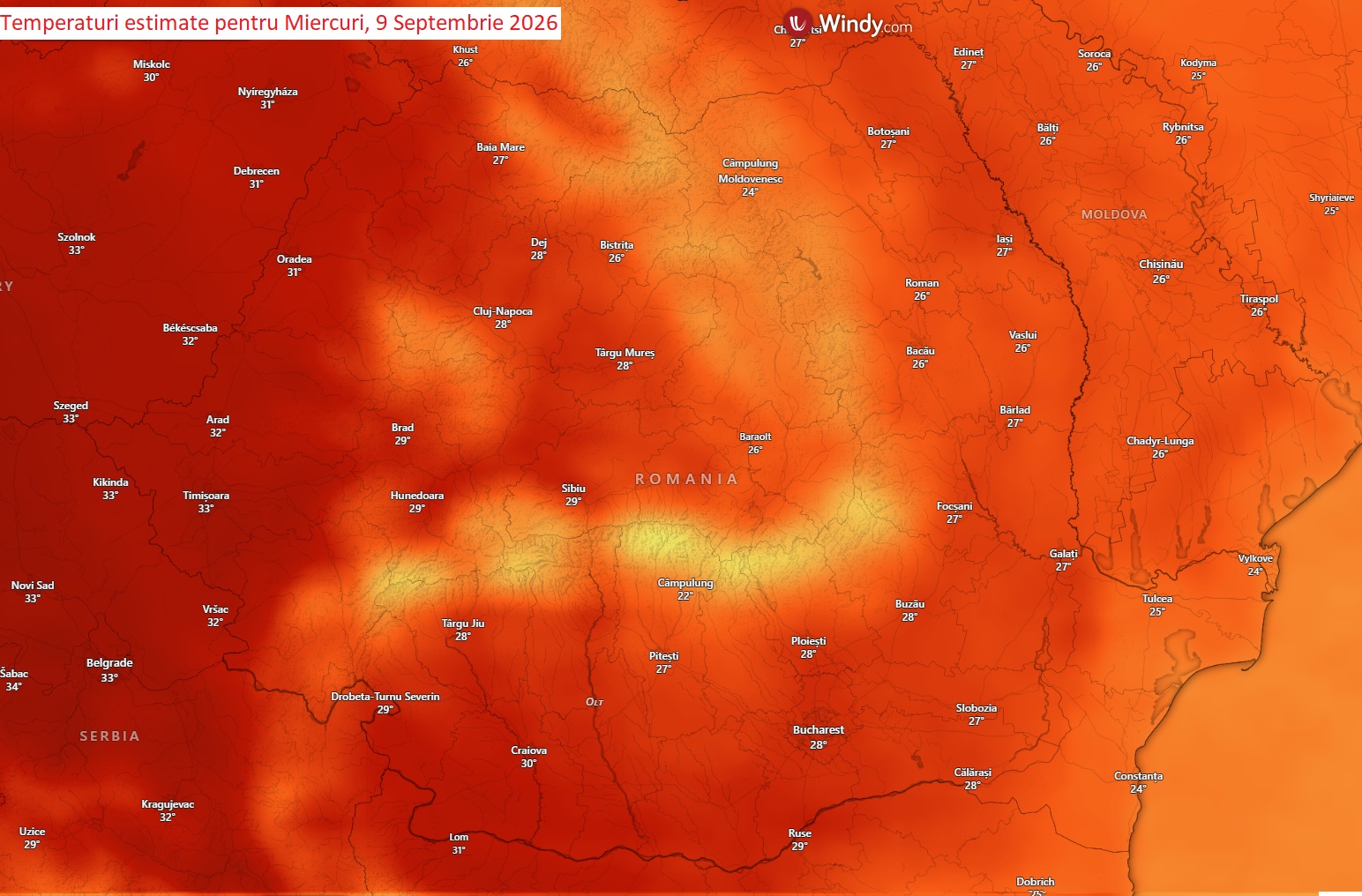 Temperaturi estimate pentru Miercuri, 9 Septembrie 2026