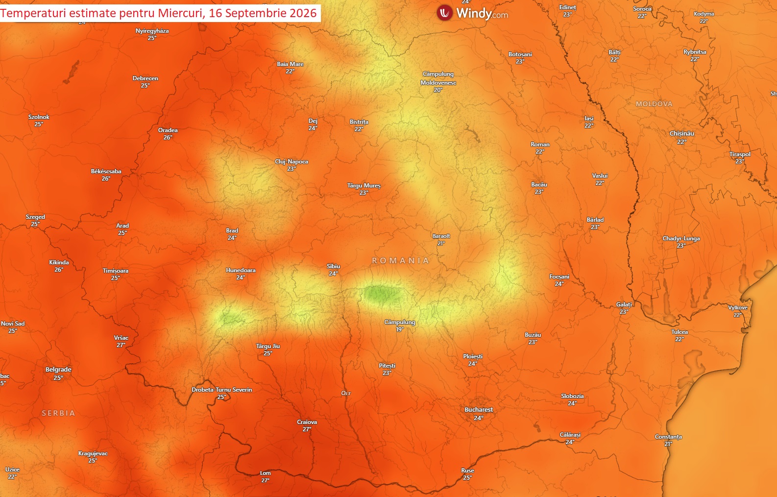 Temperaturi estimate pentru Miercuri, 16 Septembrie 2026