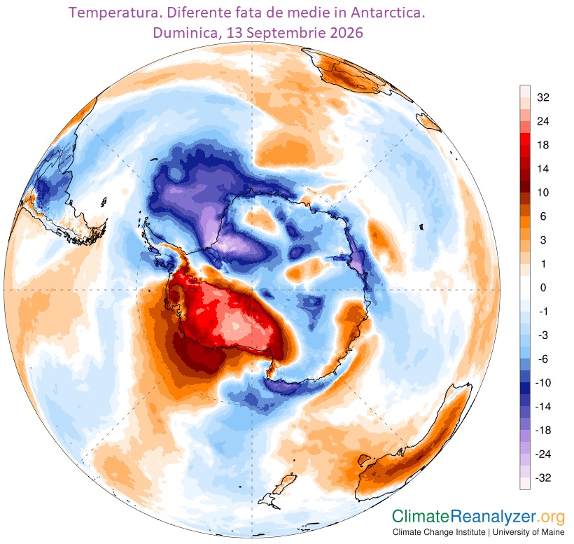 Temperaturi in zona Antarcticii. Diferente fata de medie in ziua de Duminica, 13 Septembrie 2026