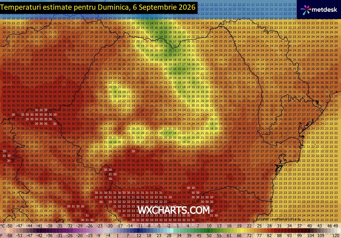 Temperaturi estimate pentru Duminica, 6 Septembrie 2026