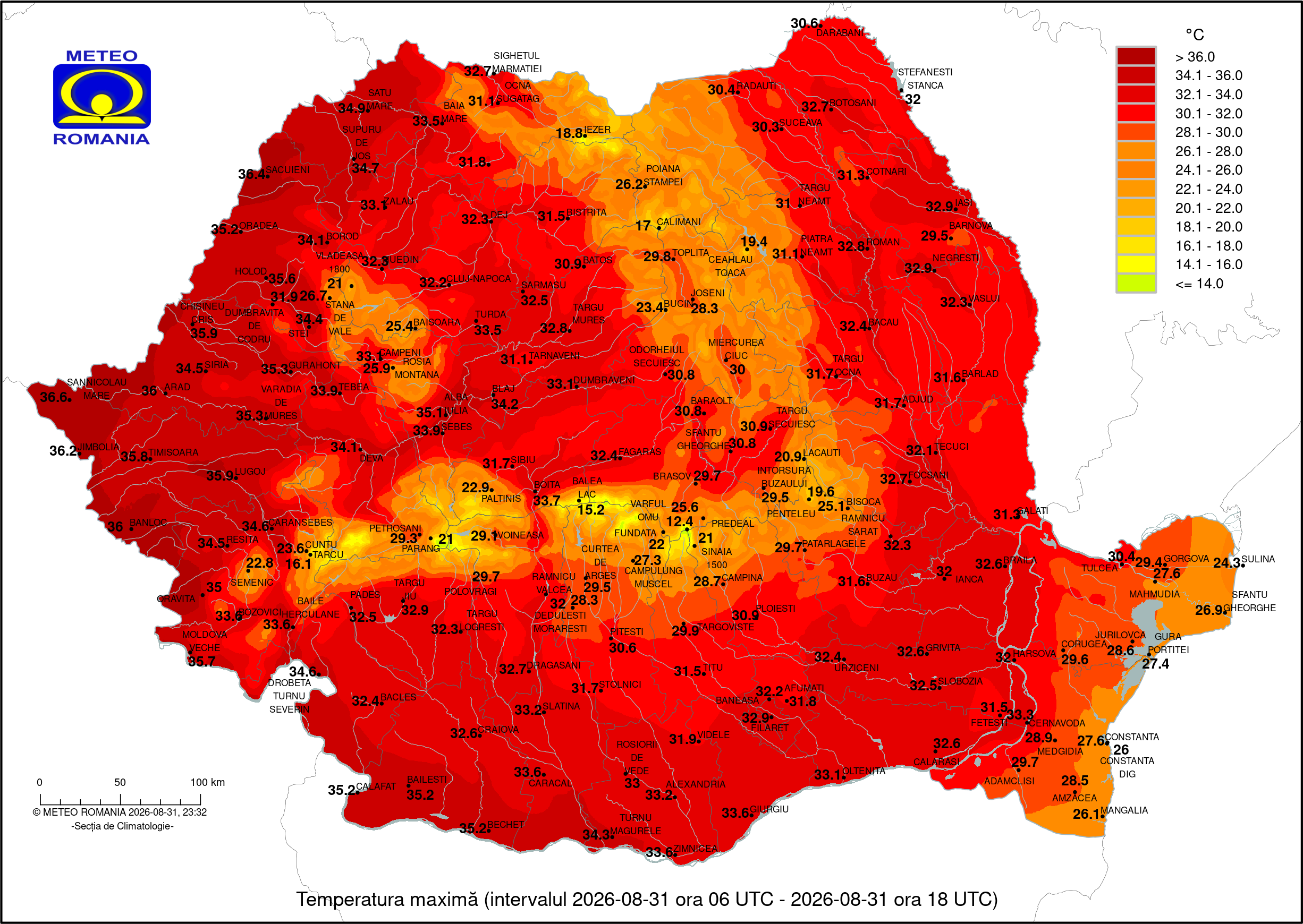 Temperaturi inregistrate pe parcursul zilei de Luni, 31 August 2026