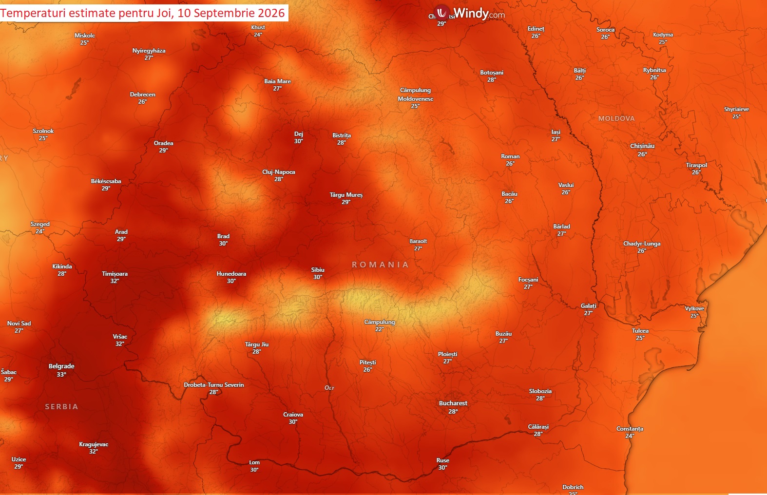 Temperaturi estimate pentru Joi, 10 Septembrie 2026