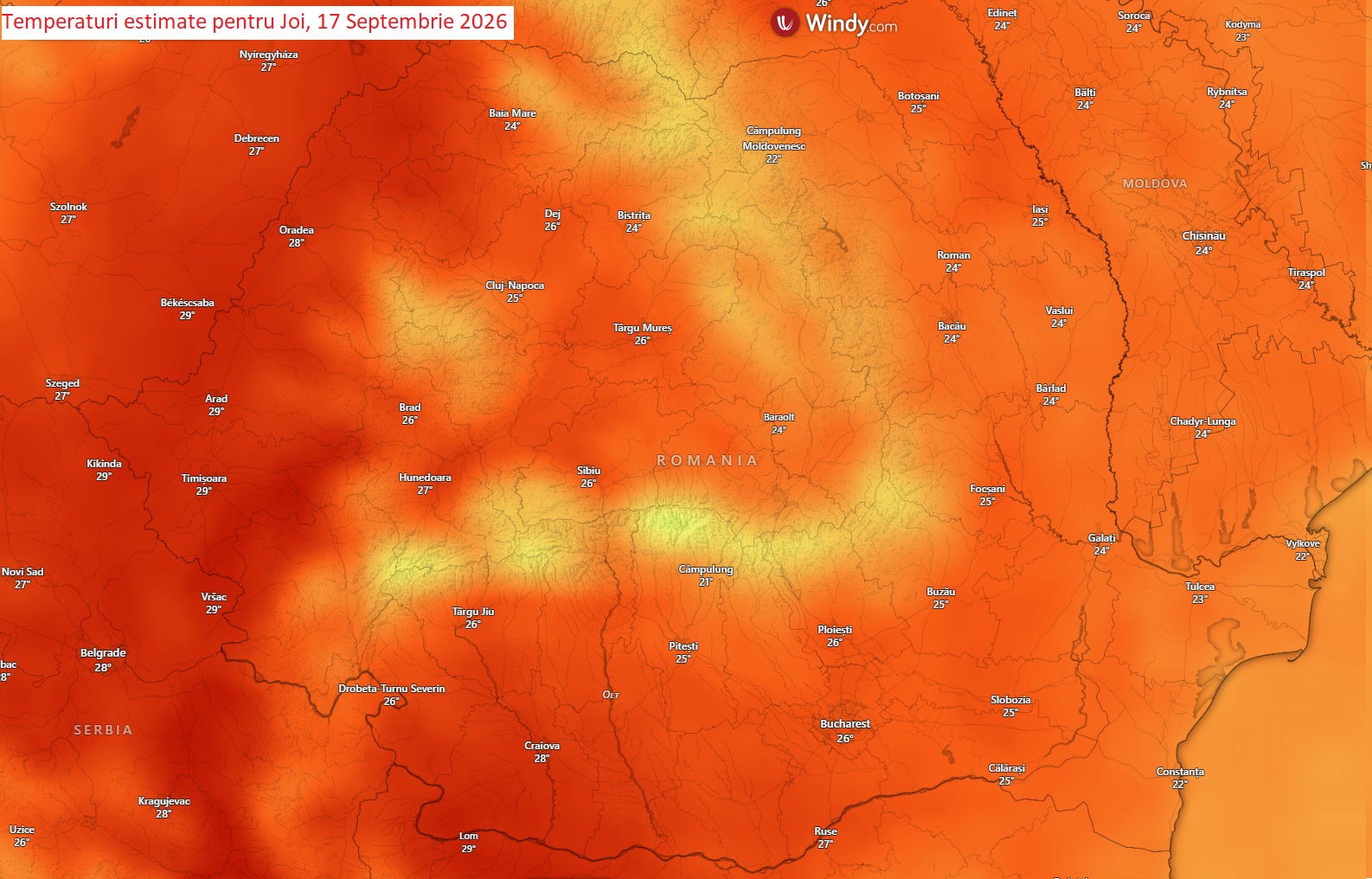 Temperaturi estimate pentru Joi, 17 Septembrie 2026
