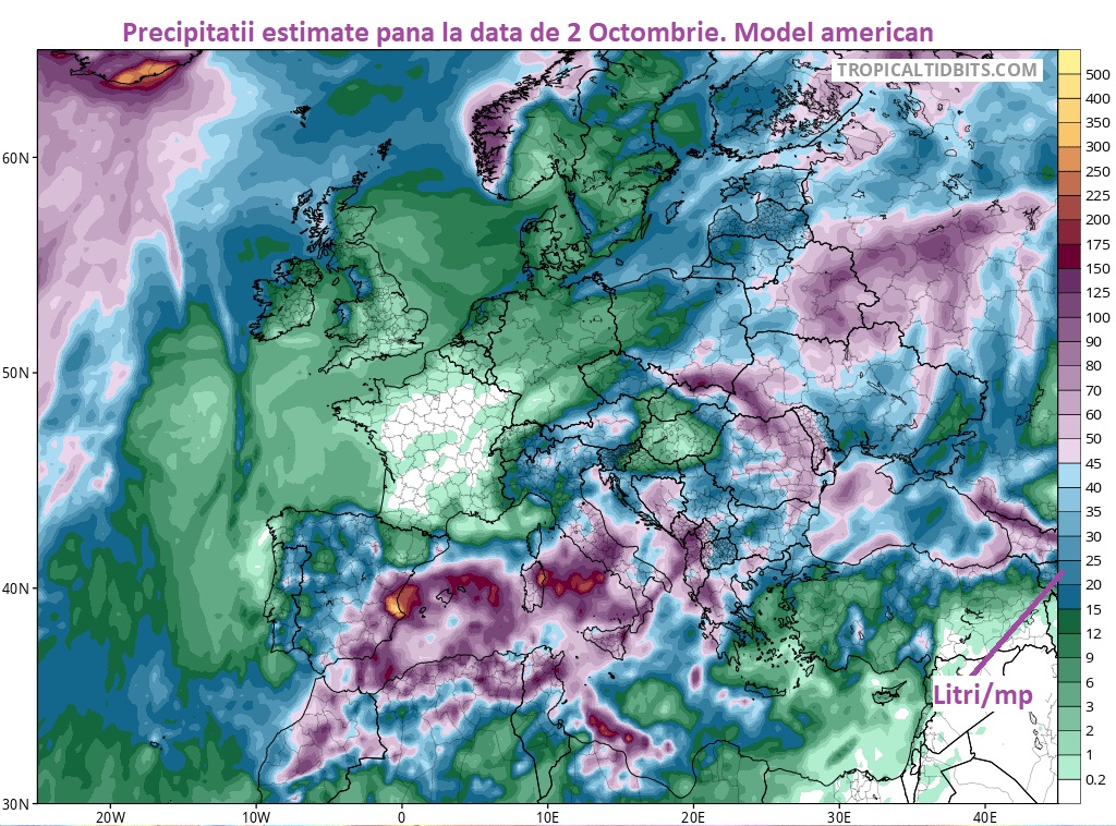 Cantități de precipitații estimate până pe 2 Octombrie 2026. Model american