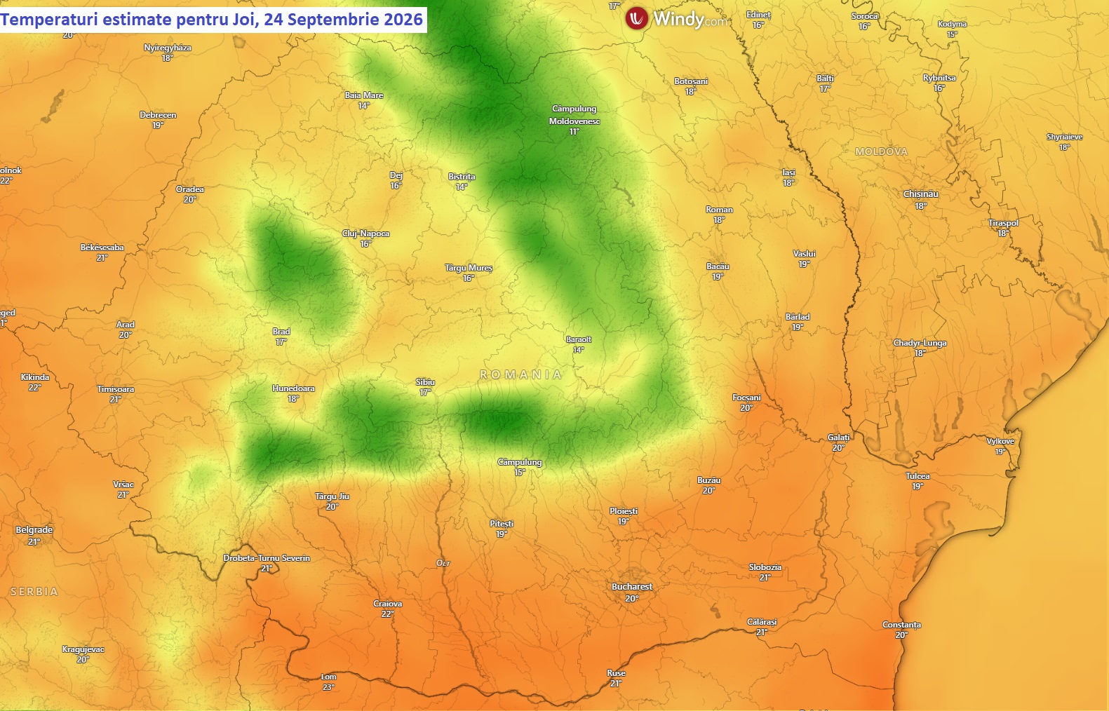 Temperaturi estimate pentru Joi, 24 Septembrie 2026