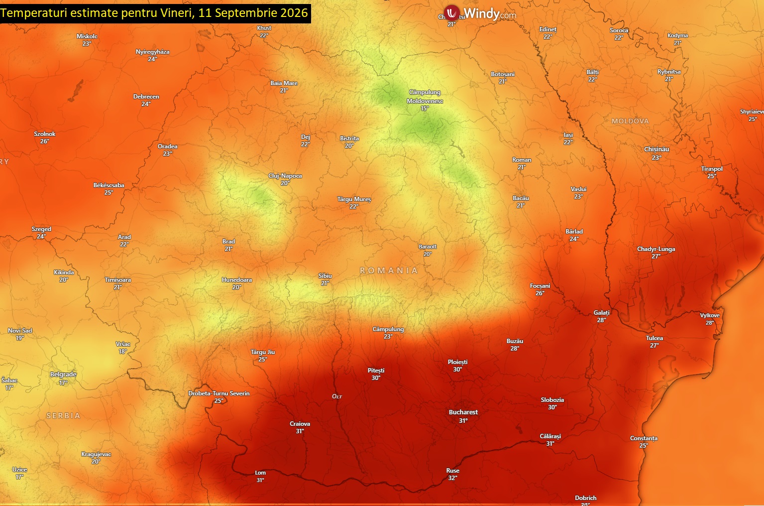 Temperaturi estimate pentru Vineri, 11 Septembrie 2026