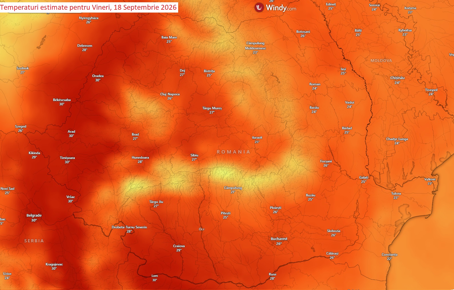 Temperaturi estimate pentru Vineri, 18 Septembrie 2026